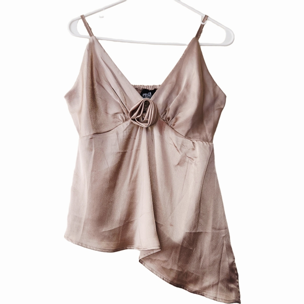 Vintage Angie Y2K Champagne Camisole Top Asymmetrical Hem Rosette Boho Size L